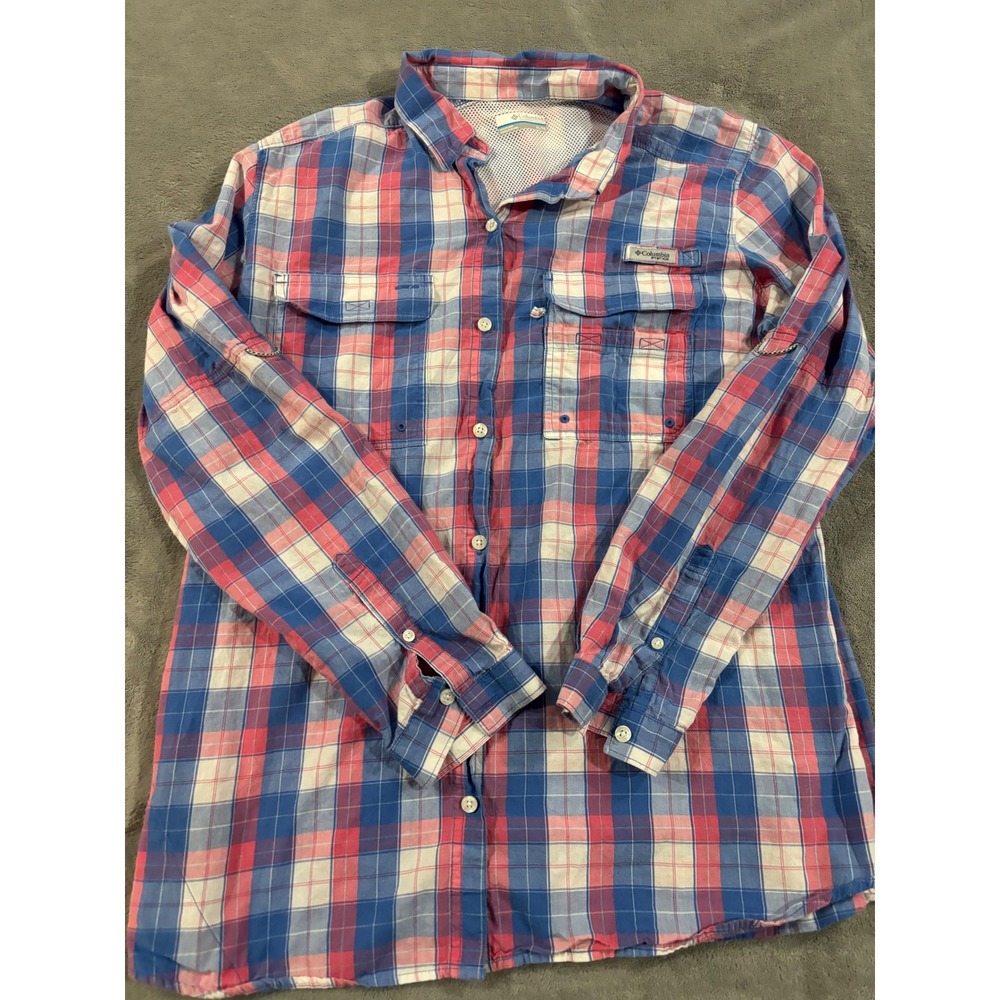 Columbia PFG Mens XL Plaid Performance Fishing Shirt Blue Red Long Sleeve Vent